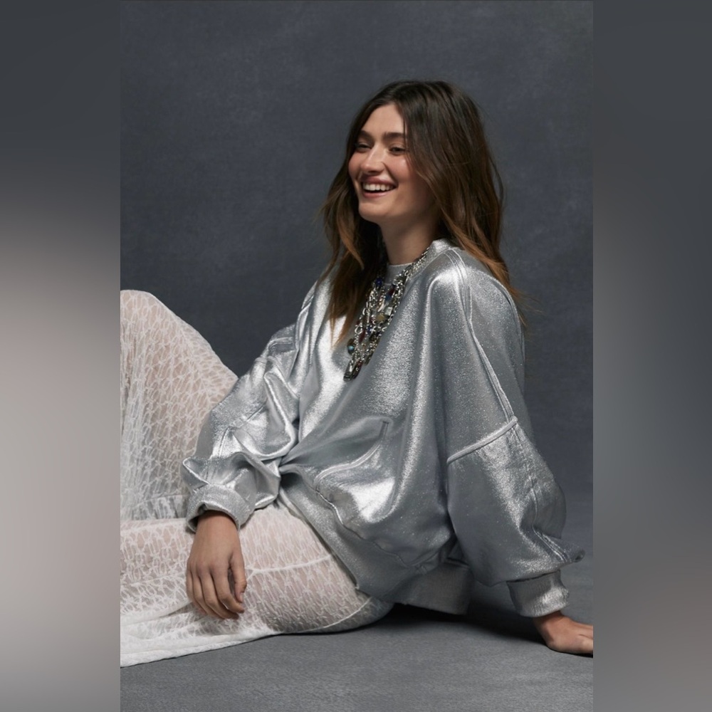 NWT Free People Gaia Coated Sweatshirt ~Silver Foil~